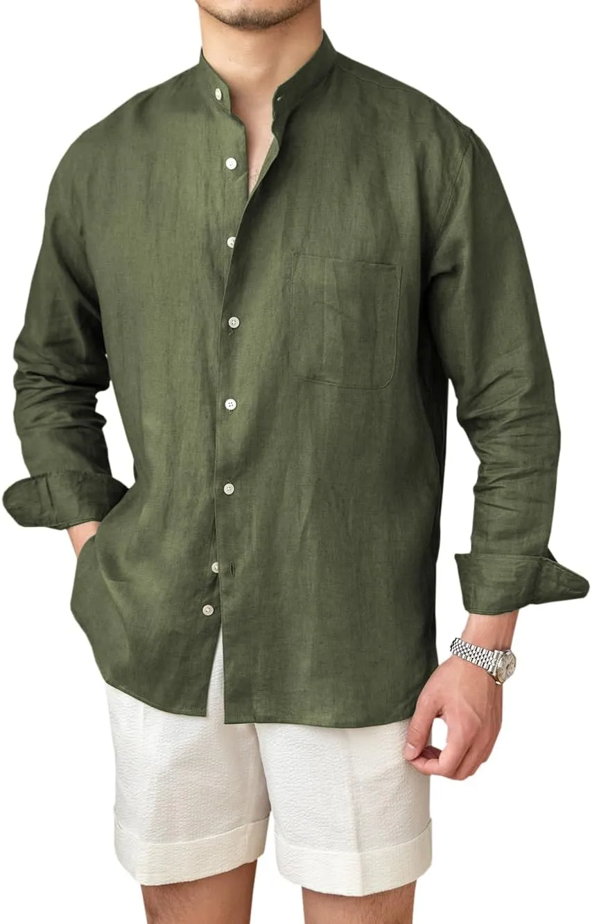 Men’s Linen Shirts Casual Long Sleeve Buttons Down Solid Shirt Summer Beach