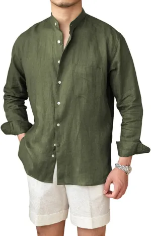 Men’s Linen Shirts Casual Long Sleeve Buttons Down Solid Shirt Summer Beach