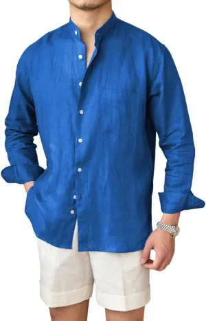 Men’s Linen Shirts Casual Long Sleeve Buttons Down Solid Shirt Summer Beach