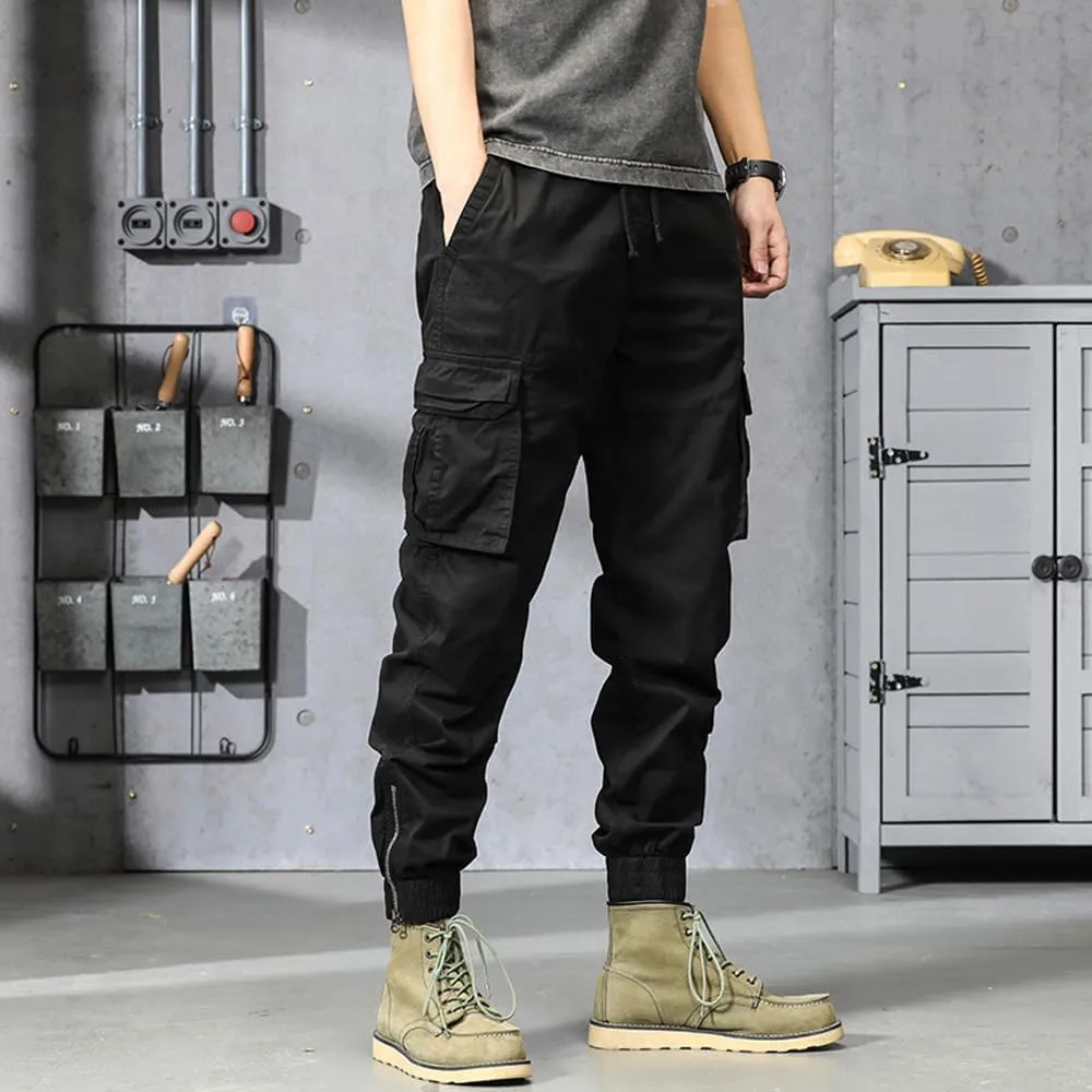 Men's Military Cargo Pants Drawstring Cotton Regular Fit Multi Pockets Work Pants