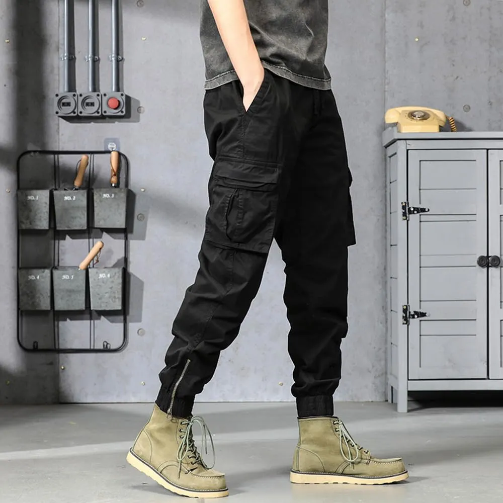 Men's Military Cargo Pants Drawstring Cotton Regular Fit Multi Pockets Work Pants