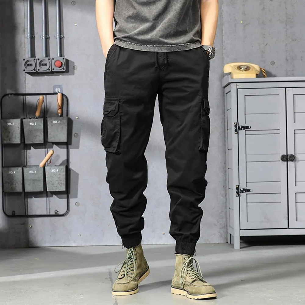Men's Military Cargo Pants Drawstring Cotton Regular Fit Multi Pockets Work Pants