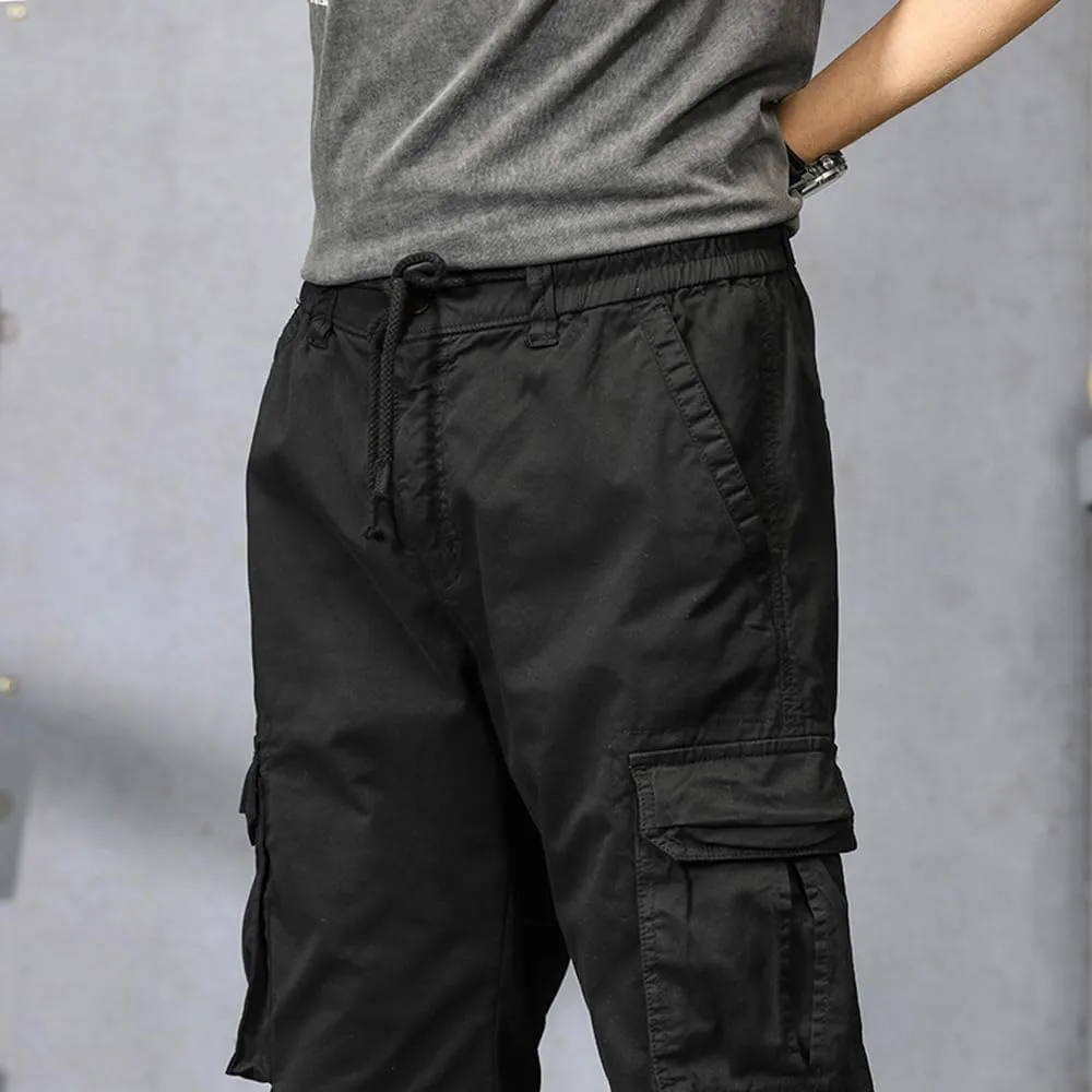 Men's Military Cargo Pants Drawstring Cotton Regular Fit Multi Pockets Work Pants