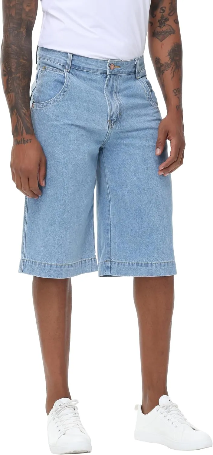 Men's Non-Stretch Relaxed Fit Wide-Leg Baggy Long Denim Shorts-14 Inseam Below Knee