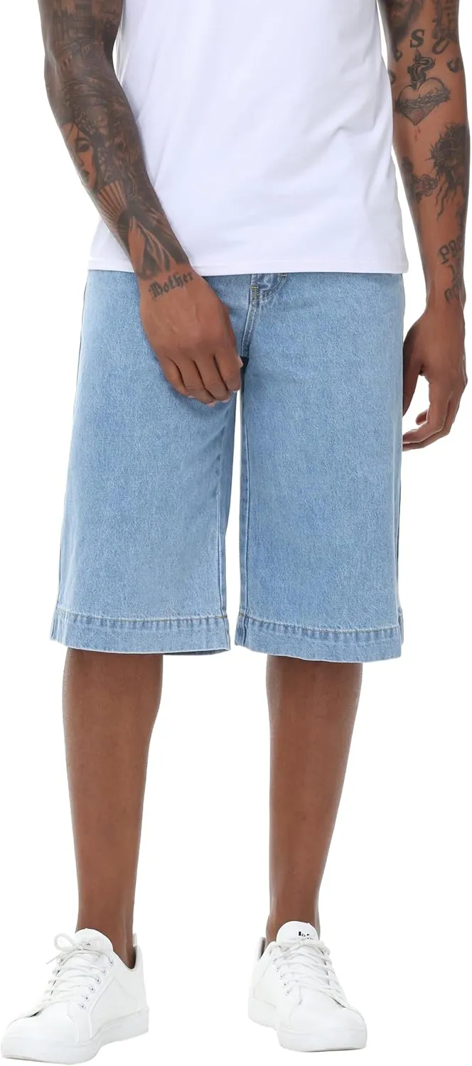 Men's Non-Stretch Relaxed Fit Wide-Leg Baggy Long Denim Shorts-14 Inseam Below Knee