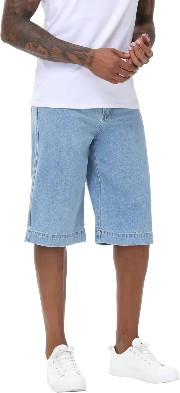 Men's Non-Stretch Relaxed Fit Wide-Leg Baggy Long Denim Shorts-14 Inseam Below Knee