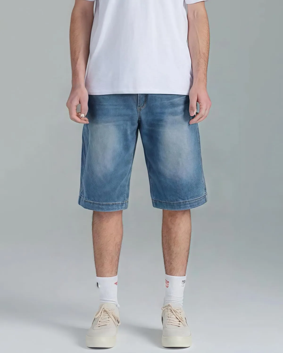 Men's Non-Stretch Relaxed Fit Wide-Leg Baggy Long Denim Shorts-14 Inseam Below Knee