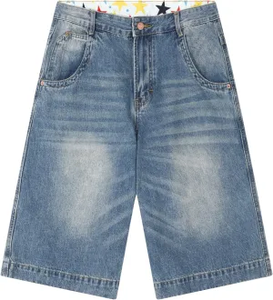 Men's Non-Stretch Relaxed Fit Wide-Leg Baggy Long Denim Shorts-14 Inseam Below Knee