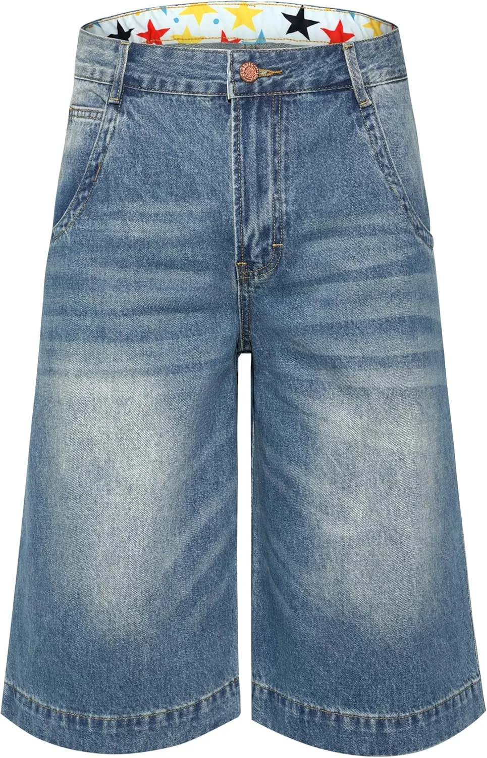 Men's Non-Stretch Relaxed Fit Wide-Leg Baggy Long Denim Shorts-14 Inseam Below Knee