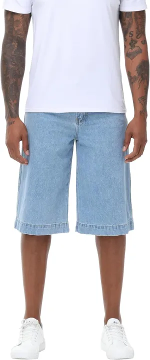 Men's Non-Stretch Relaxed Fit Wide-Leg Baggy Long Denim Shorts-14 Inseam Below Knee
