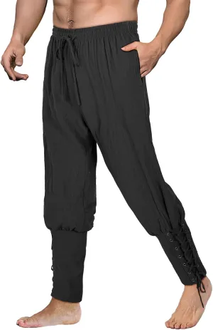 Men's Pirate Pants Renaissance Medieval Viking Pants Linen Ankle Banded Trousers Halloween Costume