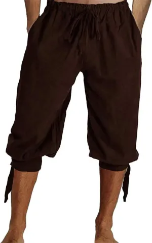 Mens Pirate Shorts Halloween Medieval Renaissance Banded Pants Viking Knicker Colonial Linen Costume
