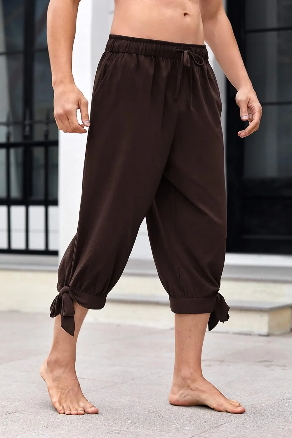 Mens Pirate Shorts Halloween Medieval Renaissance Banded Pants Viking Knicker Colonial Linen Costume