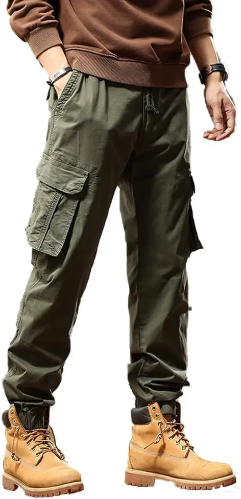 Men's Regular Fit Military Cargo Pants Multi Pockets Drawstring Cotton Tactical Pants