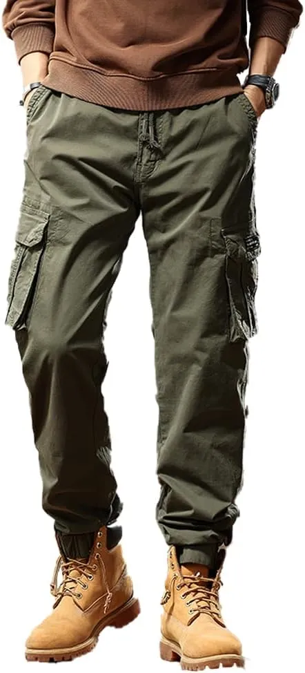 Men's Regular Fit Military Cargo Pants Multi Pockets Drawstring Cotton Tactical Pants