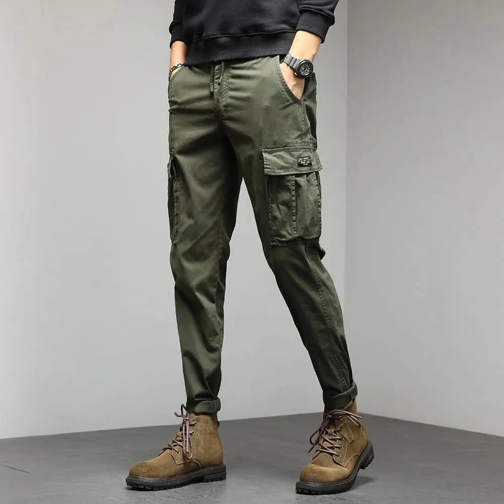 Men's Regular Fit Tactical Cargo Pants Drawstring Cotton Multi Pockets Work Trousers