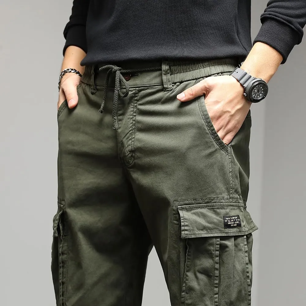 Men's Regular Fit Tactical Cargo Pants Drawstring Cotton Multi Pockets Work Trousers