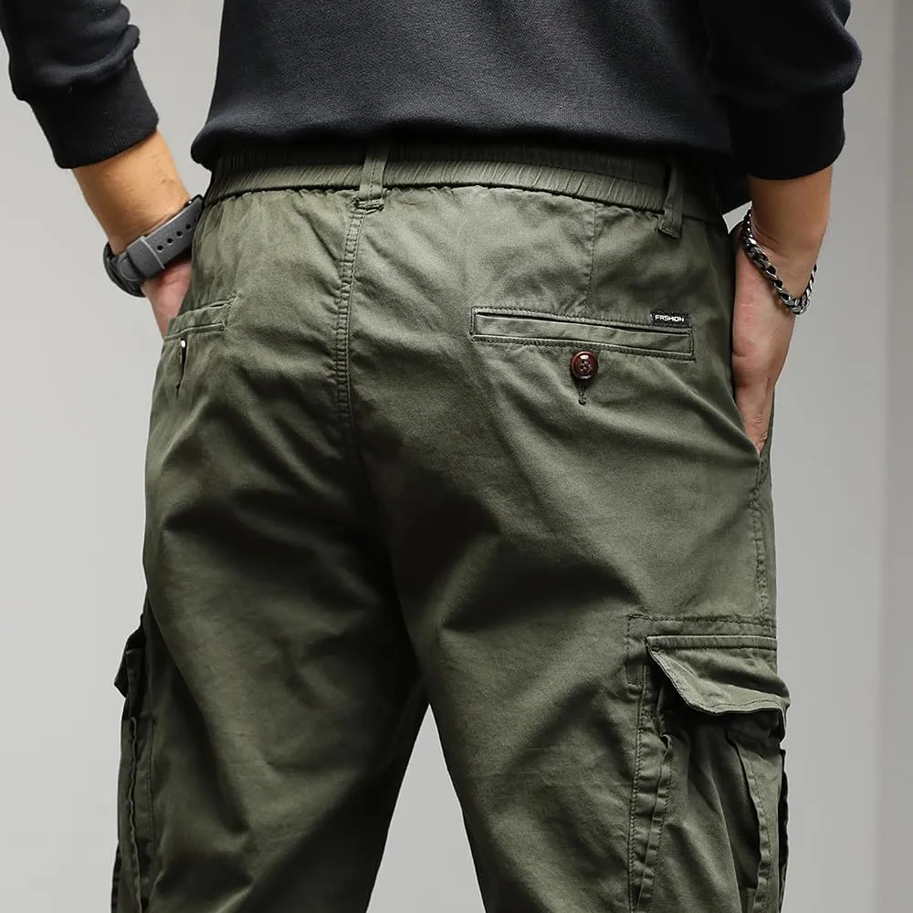 Men's Regular Fit Tactical Cargo Pants Drawstring Cotton Multi Pockets Work Trousers