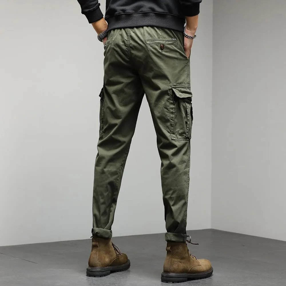 Men's Regular Fit Tactical Cargo Pants Drawstring Cotton Multi Pockets Work Trousers