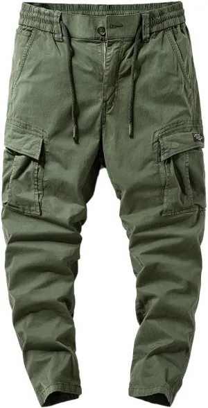 Men's Regular Fit Tactical Cargo Pants Drawstring Cotton Multi Pockets Work Trousers