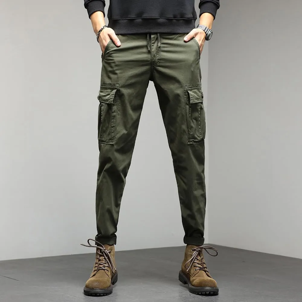 Men's Regular Fit Tactical Cargo Pants Drawstring Cotton Multi Pockets Work Trousers