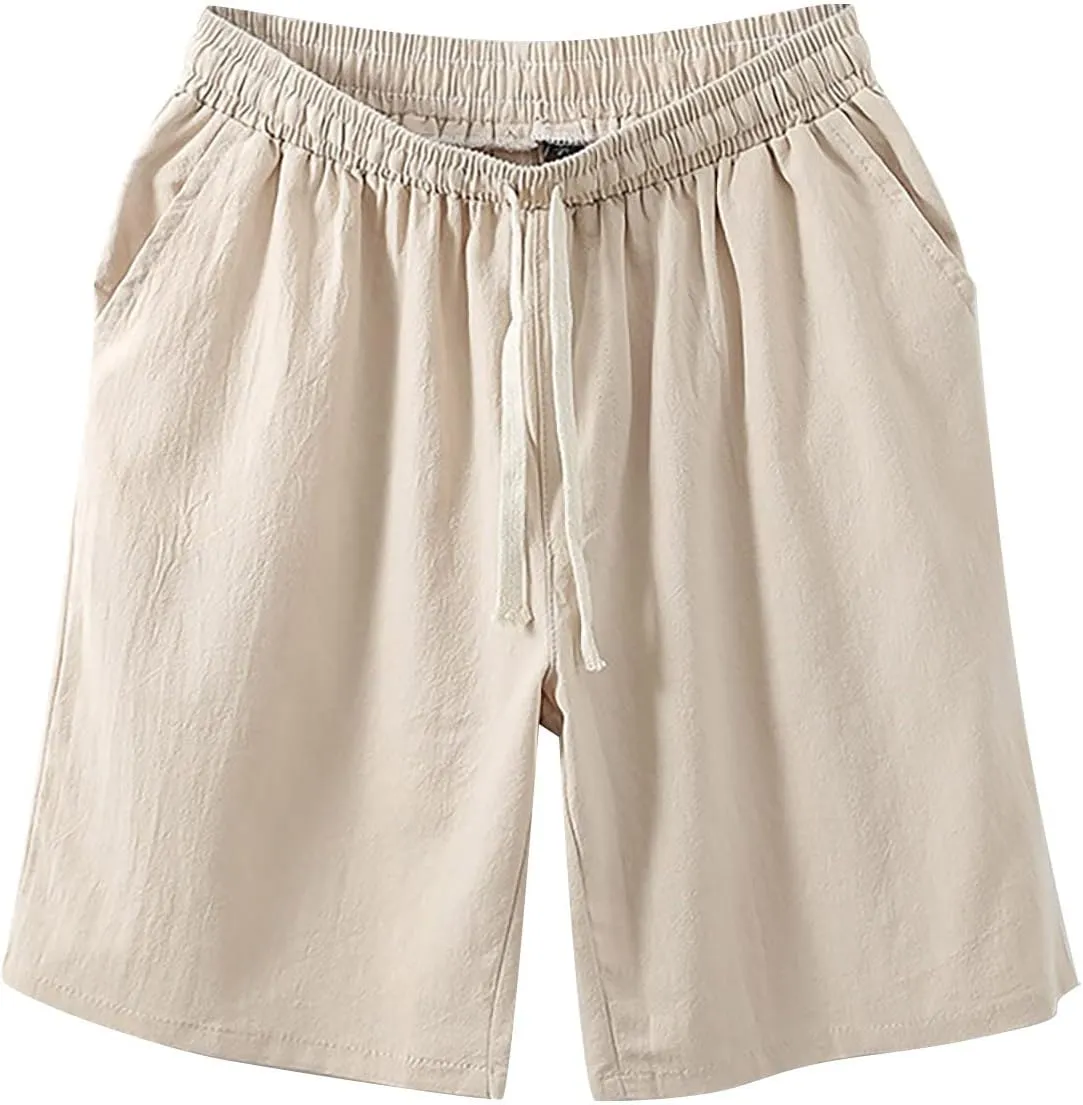 Mens Running Shoes Leather Shorts Casual Solid Linen Shorts for Men Classic Fit Lightweight Elastic Waist Drawstring Short Pants Comfy Sweat Shorts with Pocket(Beige,7X-Large)
