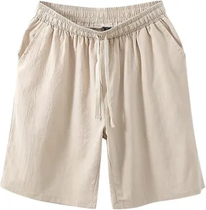 Mens Running Shoes Leather Shorts Casual Solid Linen Shorts for Men Classic Fit Lightweight Elastic Waist Drawstring Short Pants Comfy Sweat Shorts with Pocket(Beige,7X-Large)