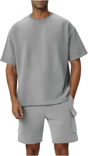 Mens Short Sets 2 Piece Outfits Fashion Running Summer Tracksuit Knit Textured T-Shirt Tops and Shorts Clothing Sets