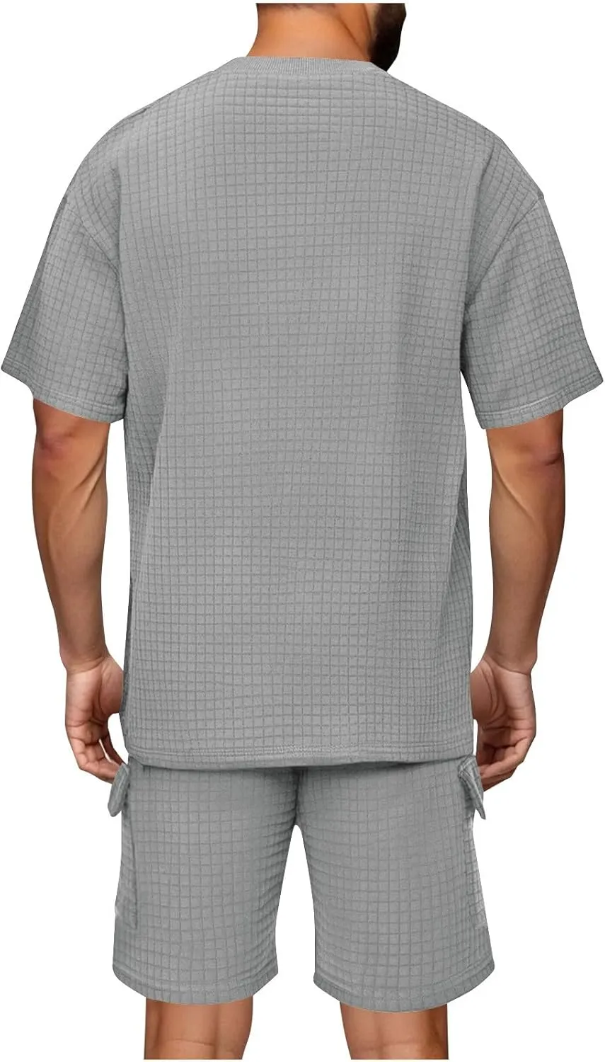 Mens Short Sets 2 Piece Outfits Fashion Running Summer Tracksuit Knit Textured T-Shirt Tops and Shorts Clothing Sets