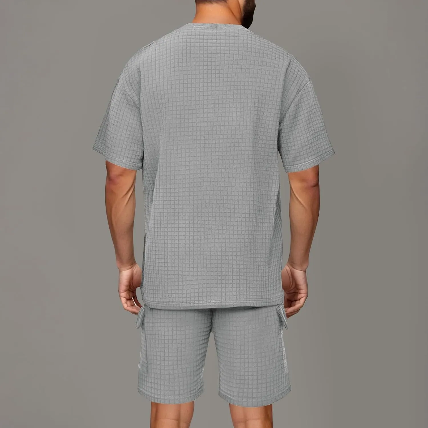 Mens Short Sets 2 Piece Outfits Fashion Running Summer Tracksuit Knit Textured T-Shirt Tops and Shorts Clothing Sets