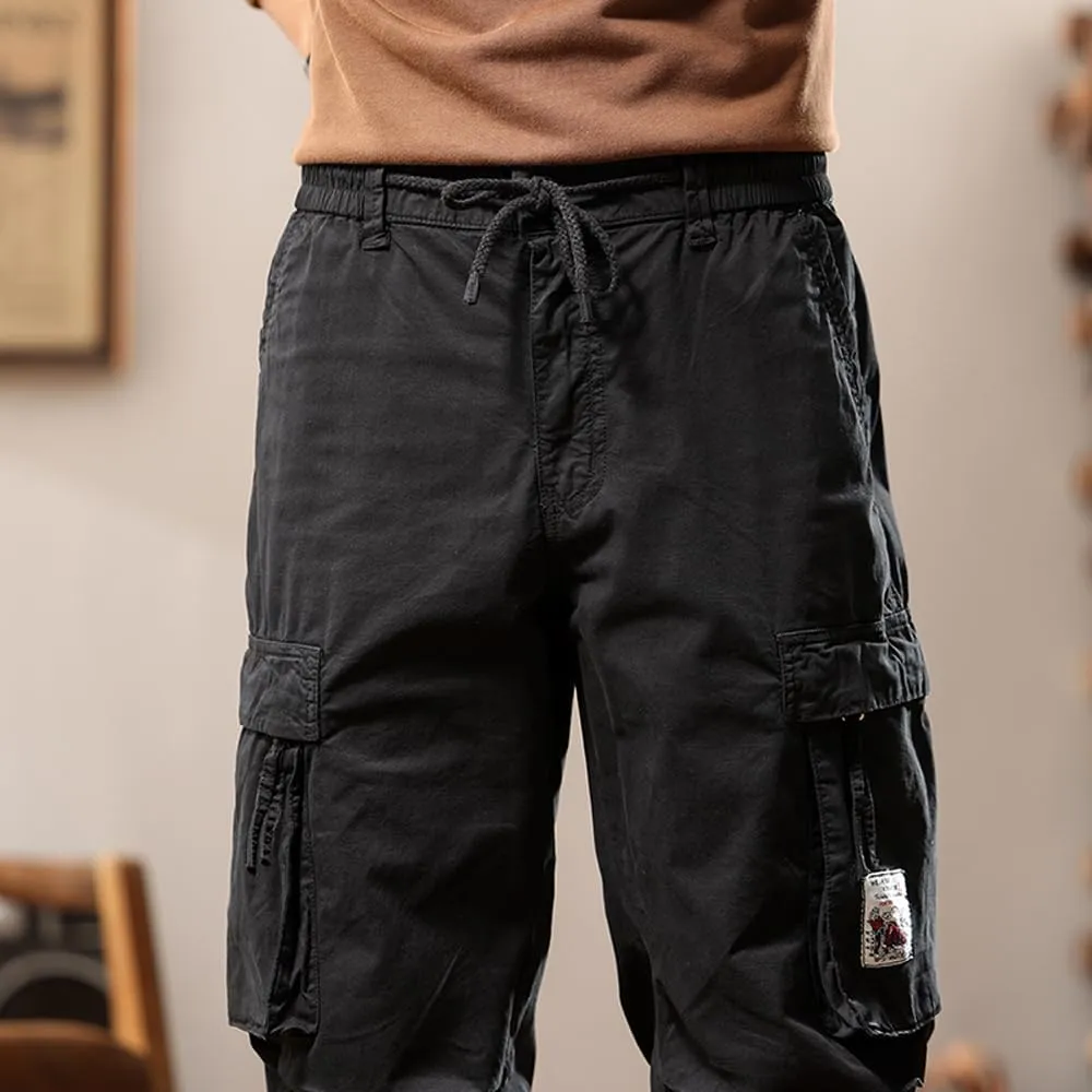 Men's Tactical Cargo Pants Drawstring Cotton Regular Fit Multi Pockets Work Trousers
