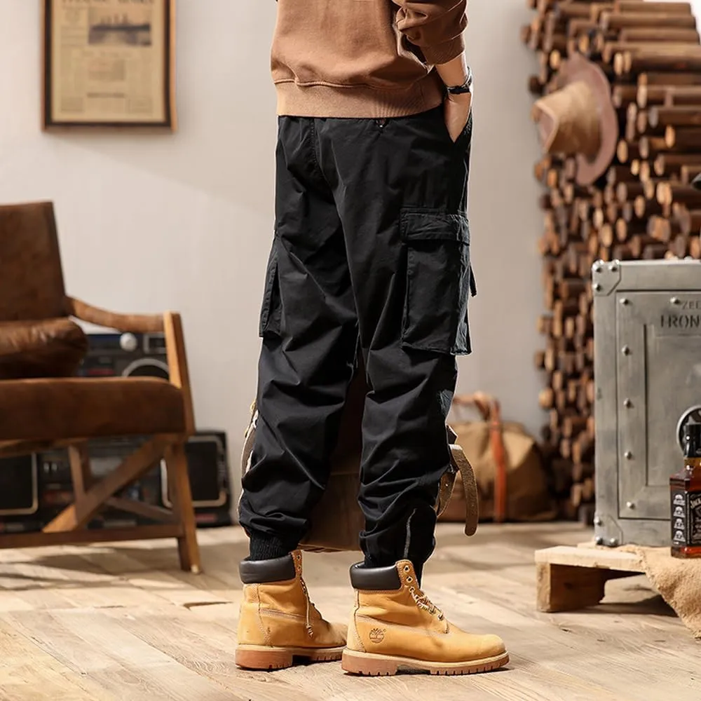 Men's Tactical Cargo Pants Drawstring Cotton Regular Fit Multi Pockets Work Trousers