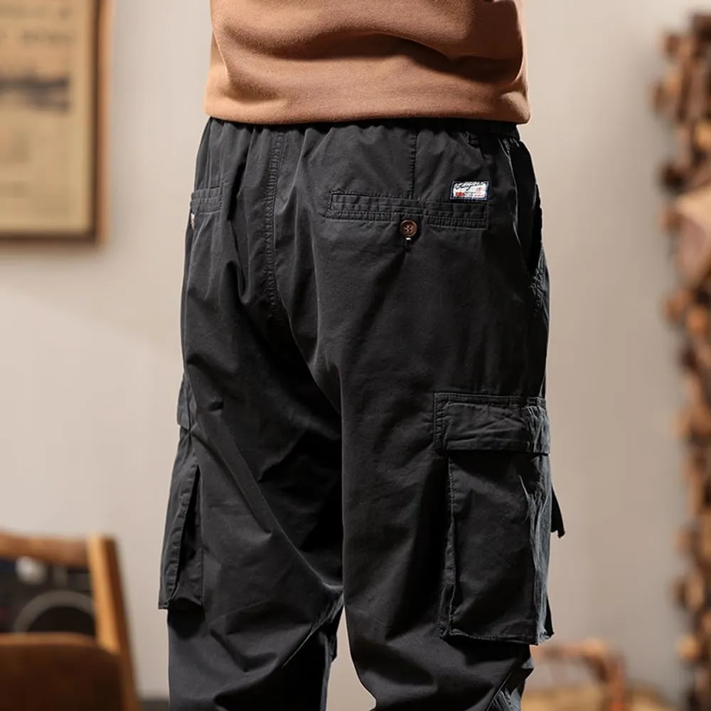 Men's Tactical Cargo Pants Drawstring Cotton Regular Fit Multi Pockets Work Trousers
