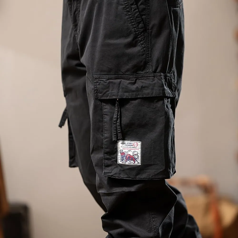 Men's Tactical Cargo Pants Drawstring Cotton Regular Fit Multi Pockets Work Trousers