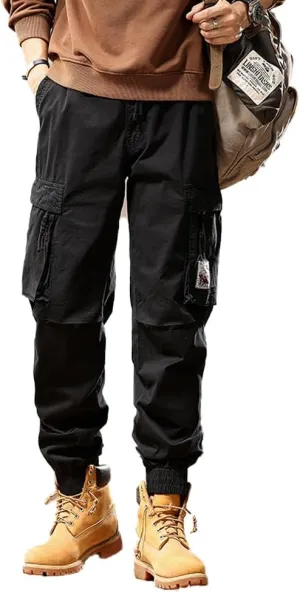 Men's Tactical Cargo Pants Drawstring Cotton Regular Fit Multi Pockets Work Trousers