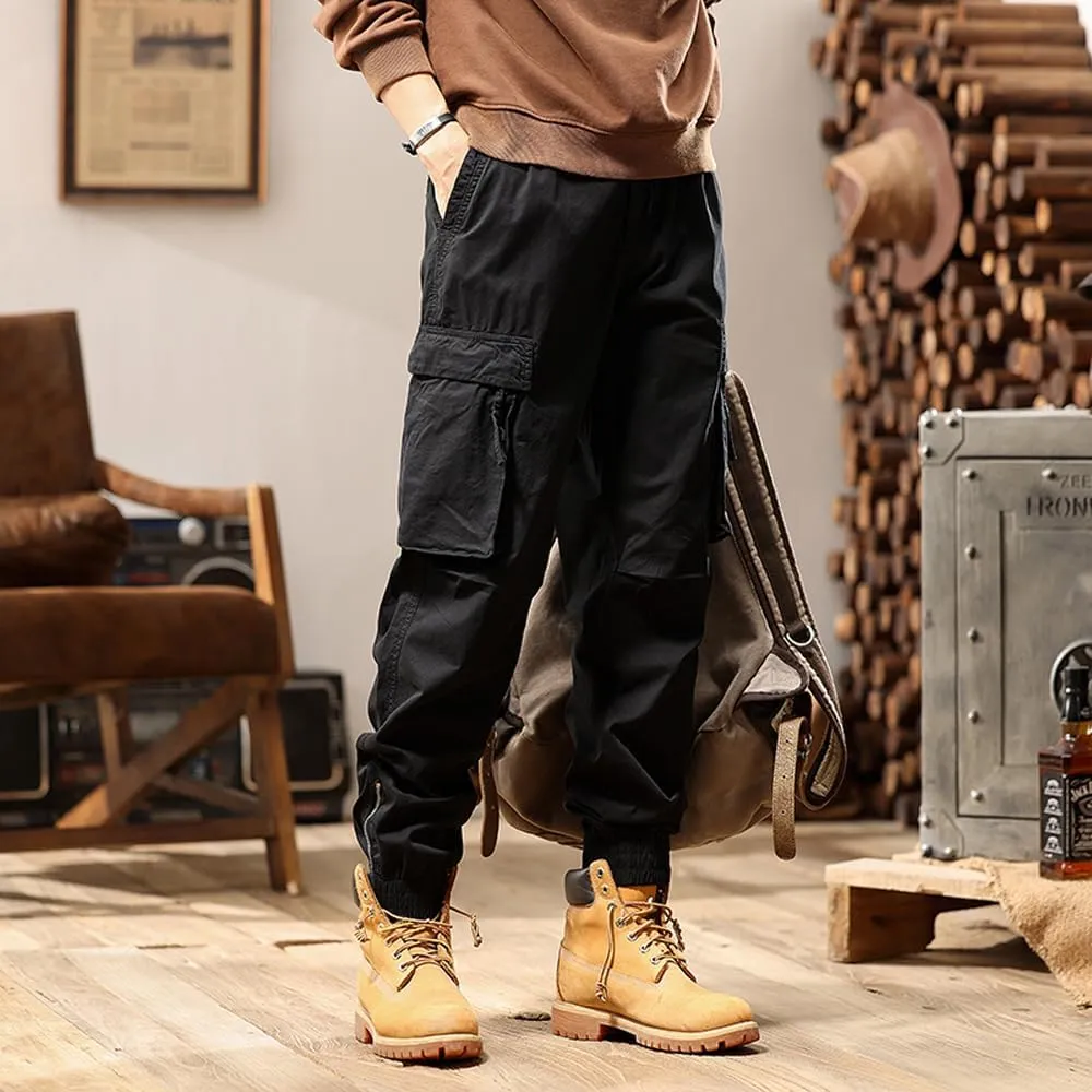 Men's Tactical Cargo Pants Drawstring Cotton Regular Fit Multi Pockets Work Trousers