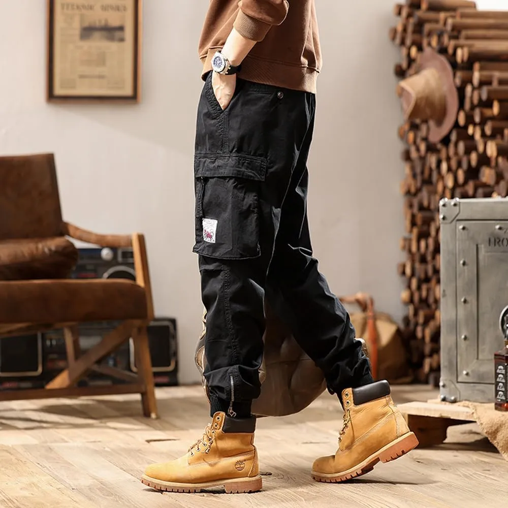 Men's Tactical Cargo Pants Drawstring Cotton Regular Fit Multi Pockets Work Trousers