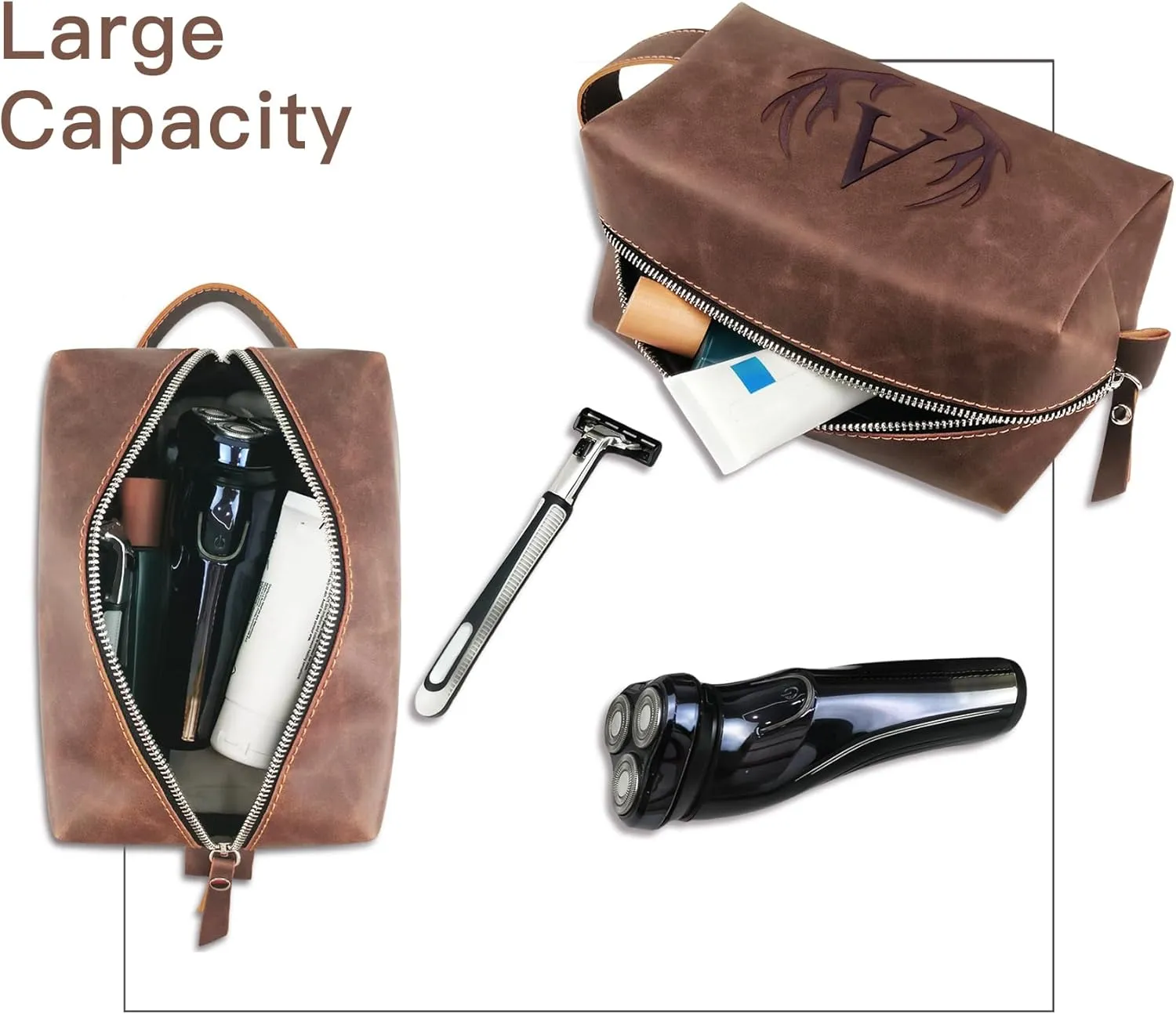 Mens Toiletry Bag Personalized Easter Fathers Day Birthday Gifts for Men Him Initial PU Leather Waterproof Shaving Bag for Toiletries Accessories Travel Essential for Dad Husband Boyfriend (M)