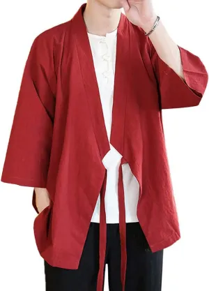 Men's Vintage Kimono Cardigan Cotton Linen Wrap Front Japanese Jinbei Haori Jacket Loose Fit Solid Color Hanfu Top Cover Up