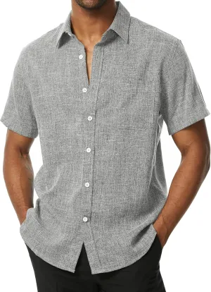 Mens Wrinkle Free Short Sleeve Button Down Shirt Linen-Like Texture Shirts Casual Vacation Beach Summer Top