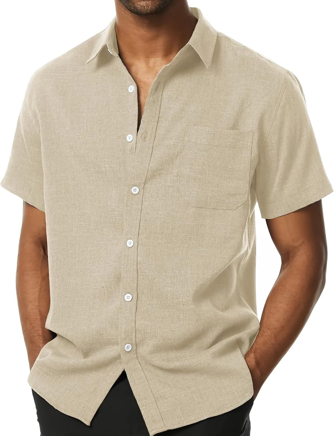 Mens Wrinkle Free Short Sleeve Button Down Shirt Linen-Like Texture Shirts Casual Vacation Beach Summer Top