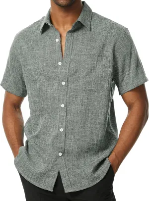 Mens Wrinkle Free Short Sleeve Button Down Shirt Linen-Like Texture Shirts Casual Vacation Beach Summer Top