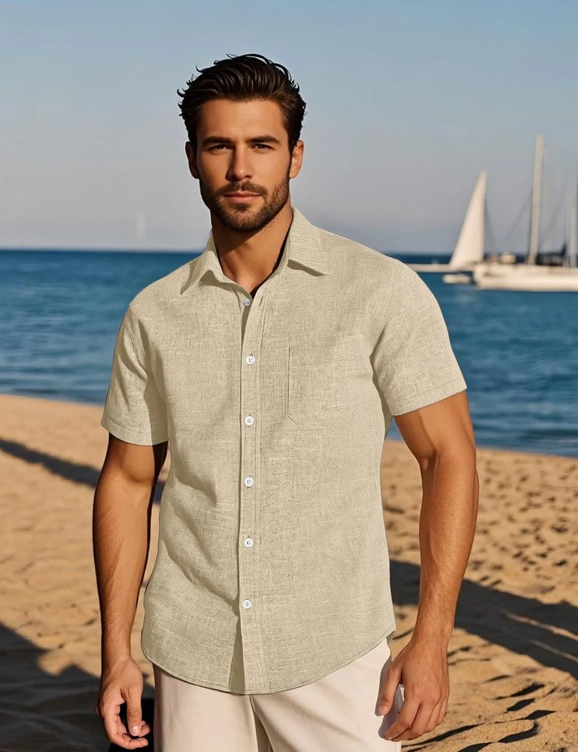 Mens Wrinkle Free Short Sleeve Button Down Shirt Linen-Like Texture Shirts Casual Vacation Beach Summer Top