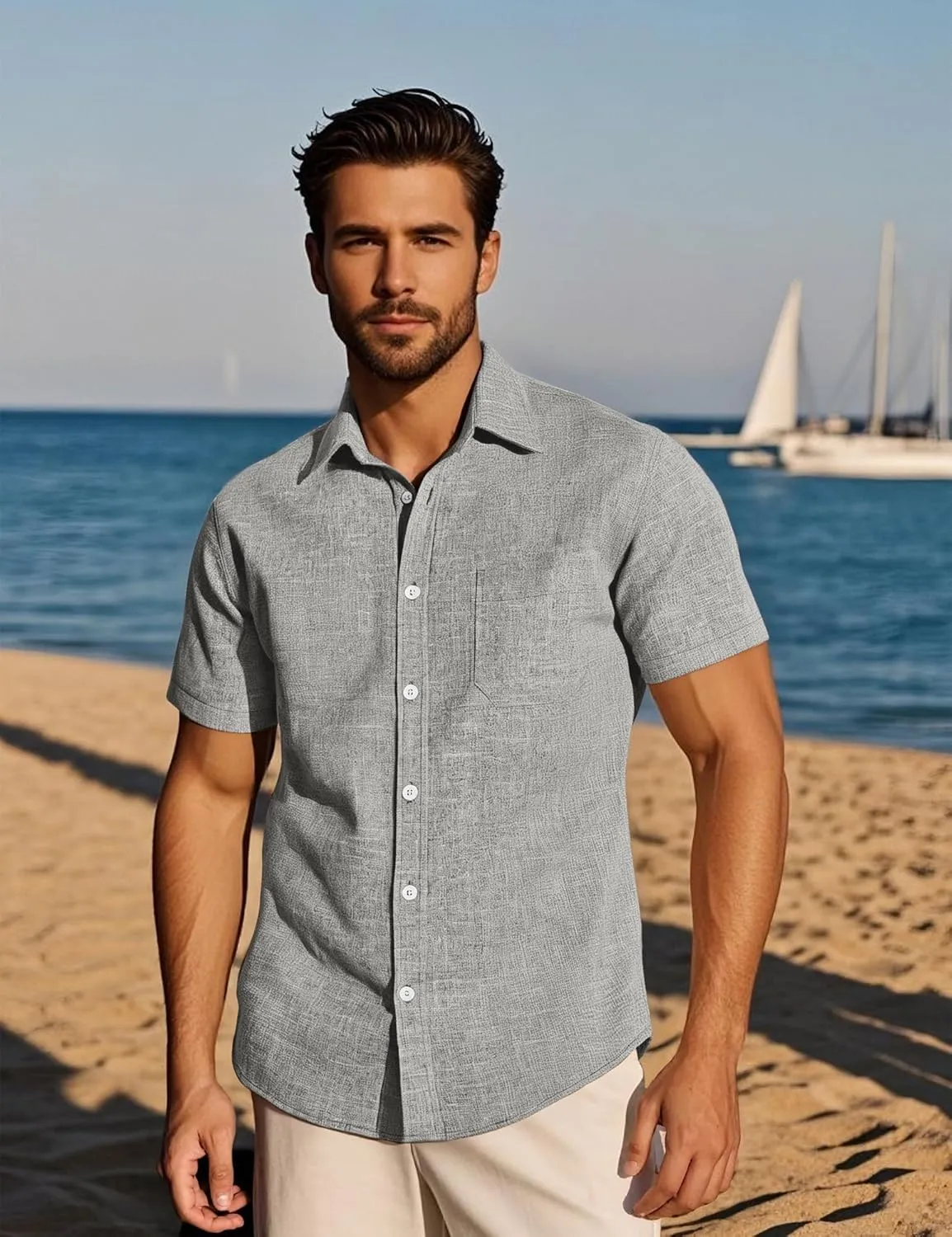 Mens Wrinkle Free Short Sleeve Button Down Shirt Linen-Like Texture Shirts Casual Vacation Beach Summer Top