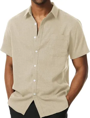 Mens Wrinkle Free Short Sleeve Button Down Shirt Linen-Like Texture Shirts Casual Vacation Beach Summer Top