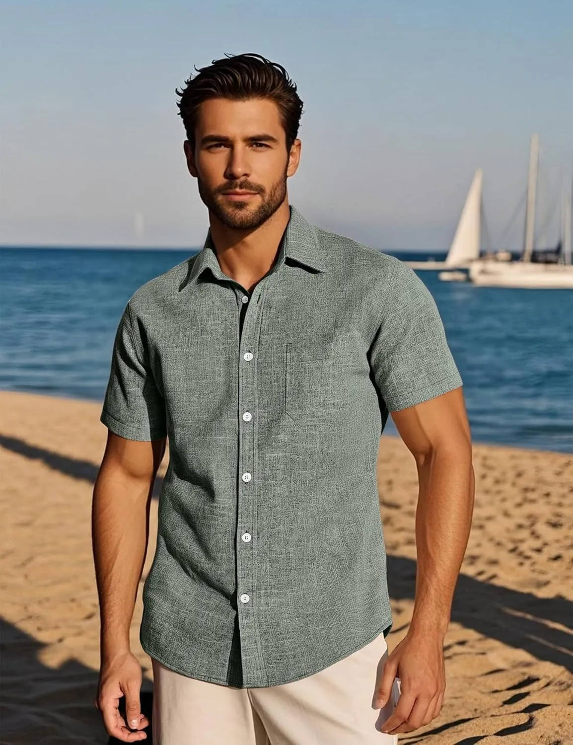 Mens Wrinkle Free Short Sleeve Button Down Shirt Linen-Like Texture Shirts Casual Vacation Beach Summer Top