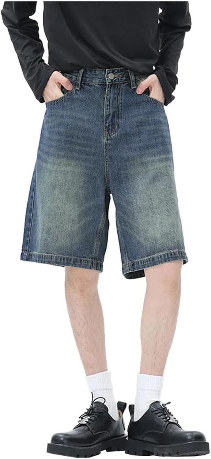 Men's Y2K Vintage Baggy Jean Shorts Summer Casual Hip Hop Long Loose Fit Denim Shorts Trendy Outfits