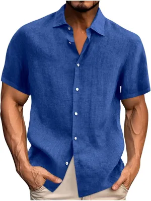 Mens's Cotton Linen Lightweight Lapel Shirts Summer Short Sleeve Solid Button Down Shirt Casual Fashion Tropical Tops