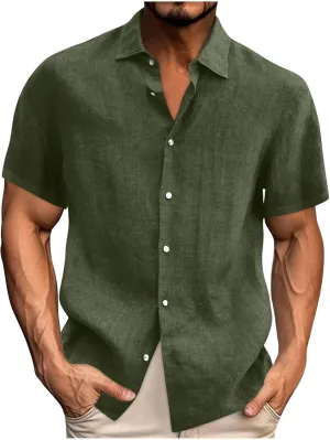 Mens's Cotton Linen Lightweight Lapel Shirts Summer Short Sleeve Solid Button Down Shirt Casual Fashion Tropical Tops