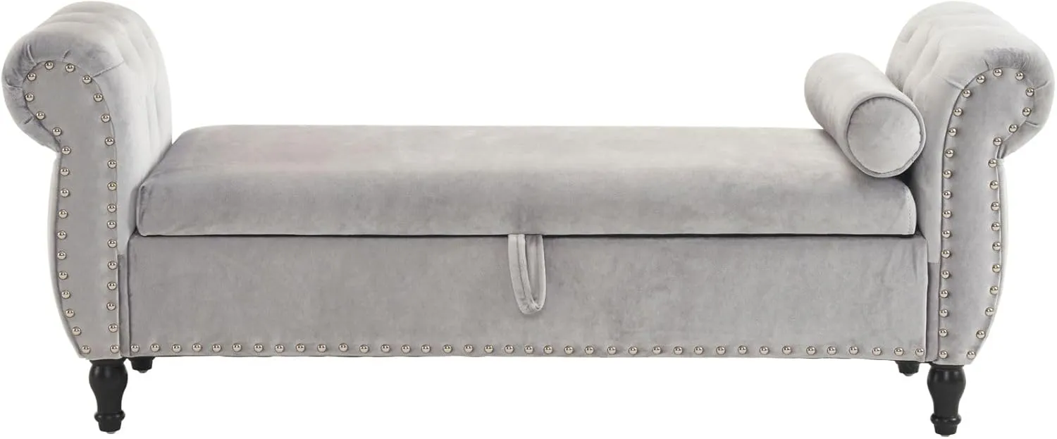 Merax 51" Velvet Armrest Ottoman with Storage and Pillow, Pine Wood Upholstered Bench Seating Foot Rest Stool Furniture for Bedroom, Living Room, Entryway, Grey